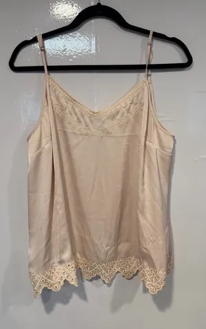 Women's Cabi Satin looking Embroidered Cream Lace-Trim Cami Top thumbnail 1