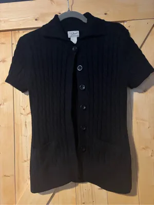 L.L. Bean Black Cable Knit Short Sleeve 100% Cotton Cardigan‎ Sweater Small thumbnail 2