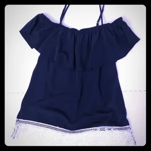 Navy off shoulder top with white‎ lace trim thumbnail 1