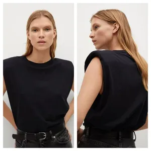 NEW Mango MNG Shoulder Pad T-Shirt Crewneck Cotton in Black Women's XS S thumbnail 2