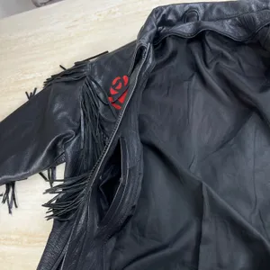 Womens Black Leather Fringe Motorcycle Jacket Red Rose Embroidery Western Size M thumbnail 6