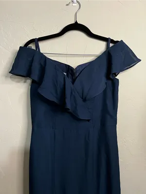 NWT JJs House Navy Blue Chiffon Off Shoulder Ruffle Front Slit Formal Maxi Dress thumbnail 3