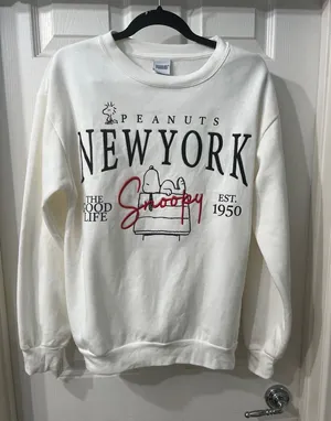 Peanuts White Crewneck Sweater with Black & Red Snoopy Graphic Size Medium thumbnail 1