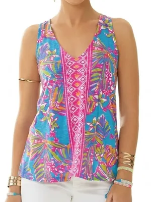 LILLY PULITZER Minka Trapeze Tank Top Sea Blue Summer Haze Pink Tropical Floral thumbnail 1