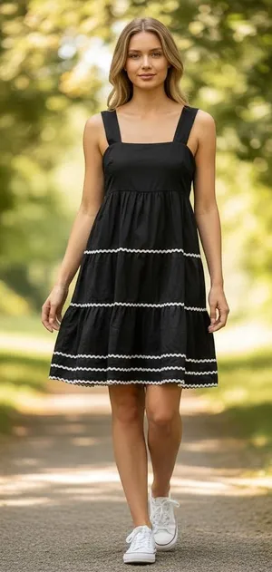 Nicoles Closet Black Cotton Ric Rac Tiered Midi Dress Smocked Back Pockets M thumbnail 1