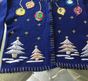 Vintage Victoria Harbour Embellished Christmas Sweater Cardigan Blue Ugly thumbnail 2