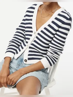 J. Crew Navy and White Striped V-Neck Button Cardigan thumbnail 1