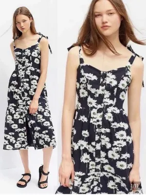 Urban outfitters Positano midi dress navy blue sunflower floral boho small thumbnail 2