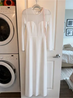 Lulu's White Long-Sleeve Sheer Yoke Gown with High Slit thumbnail 2