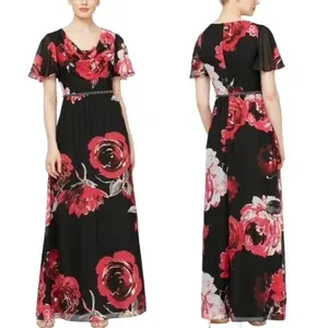 NWT SLNY Cowl Neck Floral Maxi Dress Black Red Floral Flutter Sleeve Size 6 thumbnail 2