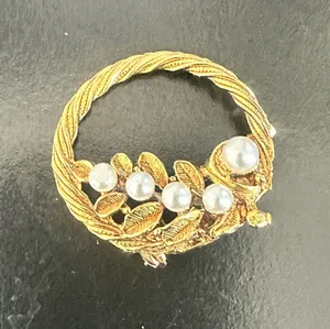 Vintage Gold Tone Brooch with Pearls and Leaves thumbnail 1