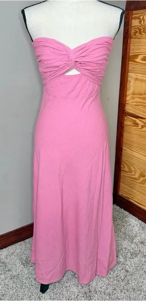 Petal & Pup Rosetta Strapless Midi Dress Pink 2 Twist Knot Linen Blend Cutout thumbnail 1