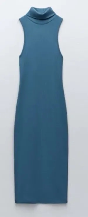 Zara‎ Blue Ribbed Fitted Turtleneck Midi Dress thumbnail 1