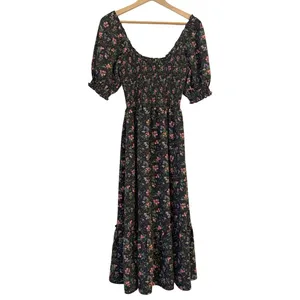 Hill House Home Louisa Nap Dress S Berry Crepe Smocked Floral Midi Tiered Black thumbnail 2