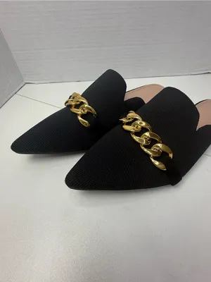 CUCCOO Black Pointed Toe Mule Flats Gold Chain EU 41 US 10-10.5 thumbnail 9