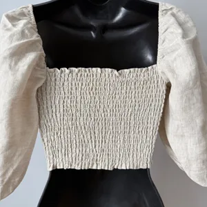 Reformation sz 2 Beige 100% Linen Smocked Puff Sleeve Crop‎ Top Blouse Cottage thumbnail 5
