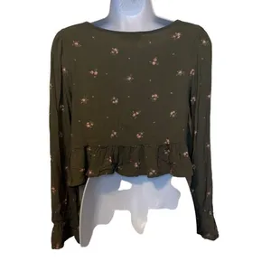 Arizona Jeans Green Pink Floral Peplum Crop Top Long Sleeve‎ Small Boho Y2K 90's thumbnail 2