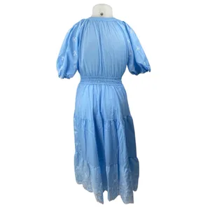 Women's Blue Embroidered Smocked Tiered Tie Neck Puff Sleeve Midi Flare A-Line L thumbnail 4