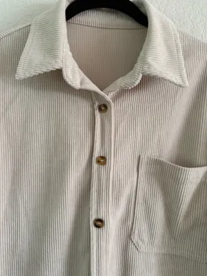 Small Beige Casual Button Down Long Sleeve with Oversized Fit Corduroy Style Tan thumbnail 3