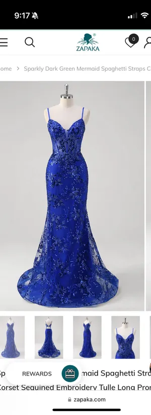Sparkly Dark Blue Mermaid Spaghetti Straps Corset Sequined Embroidery Tulle Long Prom Dress thumbnail 3