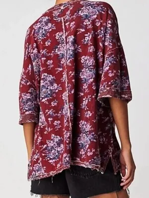 We The Free Red Floral Cotton You & Me Lightweight Sweater Tee - Size - Small thumbnail 3
