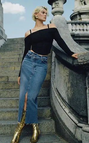 Denim Midi Skirt with Front Slit thumbnail 1