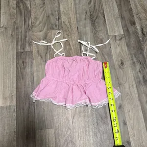 Urban Outfitters Coco Tie Shoulder Peplum Lace Trimmed Top Pink XS thumbnail 2