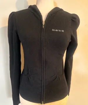 Bebe Vintage Black Hooded Sweater with Rhinestone Logo thumbnail 1