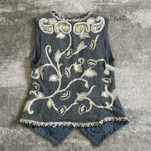 Ella Singh Vest Womens Large Beaded Sequins Silk Festival Boho Blue Cream Heavy thumbnail 10