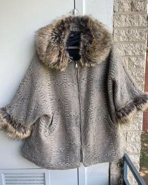 Taupe Knit Zip-Front merino wool Women's Sweater Cape with Faux Fur Trim thumbnail 1
