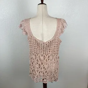 Baby pink BoHo fairycore‎ coquette crochet floral lace tank sweater women’s L￼ thumbnail 6