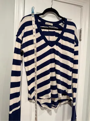 NWOT Free People We The Free Size XL Blue Cream Striped Thermal Knit V Neck Top thumbnail 6