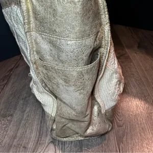 TORY BURCH Tote Bag Cable Knit METALLIC GOLD TRIM Wool Silk Lining Horse READ! thumbnail 6