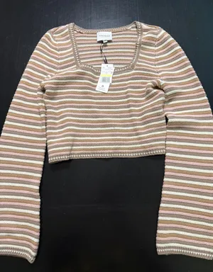 Pink Rose Oat Stripe Cropped Knit Sweater Square‎ Neck PF4S26893DG NWT Medium thumbnail 1