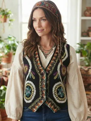 Gallagher Vintage 90s Embroidered Folk Art Cotton Flax Vest M Whimsigoth thumbnail 1