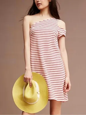 Maeve Anthropologie Dress Small One Shoulder Stripe Red White Summer Party Boat thumbnail 2