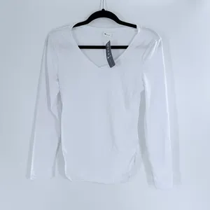 SheIn NWT White V Neck Long Sleeve Ruched Side Top Fitted Stretch Basic Small thumbnail 2