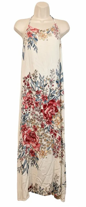 Billabong XS San Sebonne Floral Halter Maxi Dress Ivory Pink Crinkle Open Back thumbnail 1