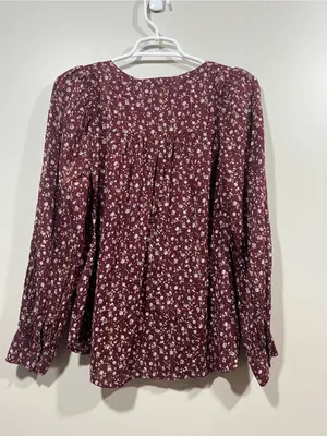 LOFT Maroon Floral Tie-Neck Peasant Blouse Medium thumbnail 5