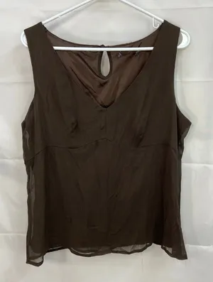 Vintage women's brown sheer silky lined button sleeveless‎ v-neck loose blouse L thumbnail 1