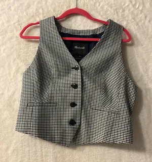 Madewell Italian Fabric Plaid Button Front Vest Navy Black‎ White Size 8 thumbnail 1