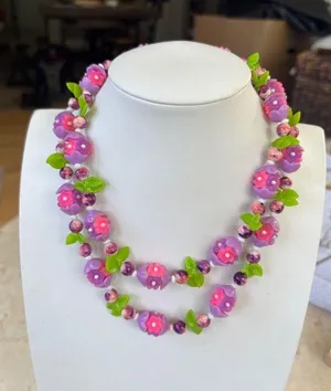 1960's style lucite Purple & Pink Floral Beaded Necklace With Green Leaf Accent thumbnail 1