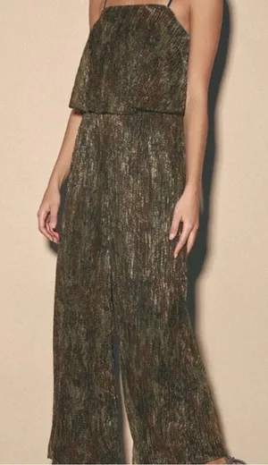 Lulu's Metallic Olive Green Strapless Wide-Leg Jumpsuit thumbnail 1
