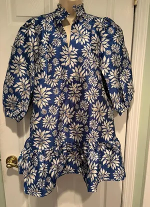 &merci Kay Dress‎ Blue Gold Floral Ruffle Tiered Puff Sleeve Jacquard Medium NWT thumbnail 1