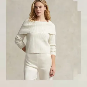 Polo by Ralph Lauren Off-Shoulder Ribbed Sweater in Cream thumbnail 3