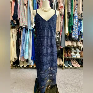 Betsey Johnson Navy Blue Lace Midi Dress - Sheer Scalloped Hem Size 6 thumbnail 3