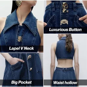 URBAN REVIVO Women's Cutout Sleeveless Lapel Denim Maxi Dress Size US‎ 6 Buttons thumbnail 2