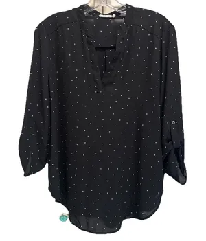Chiffon Black Polka-dot‎ Long Tab Sleeve Blouse Size Large V Neck Lightweight thumbnail 1