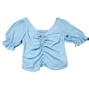 Abercrombie Cinch Front Puff Sleeve Cropped Top Light Blue Size Small Peasant thumbnail 2