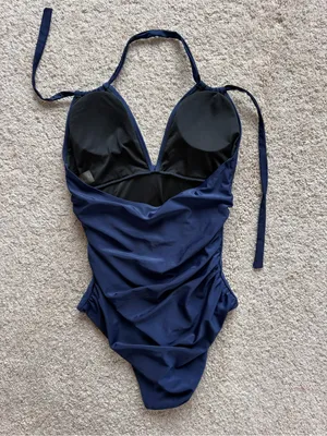 Women's Navy Blue Halter One-Piece Swimsuit Size Large Fully Lined Excellent thumbnail 3